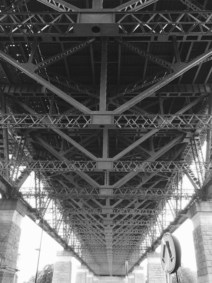 A striking black and white view of a steel bridge understructure, showcasing intricate design.